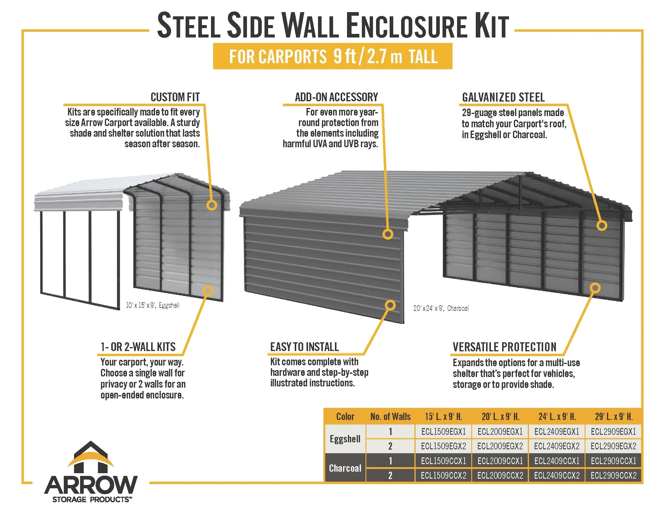 Arrow Carports Galvanized Steel Carport, with 1-Sided Enclosure, Compact Car Metal Carport Kit, 10' x 20' x 9' , Charcoal