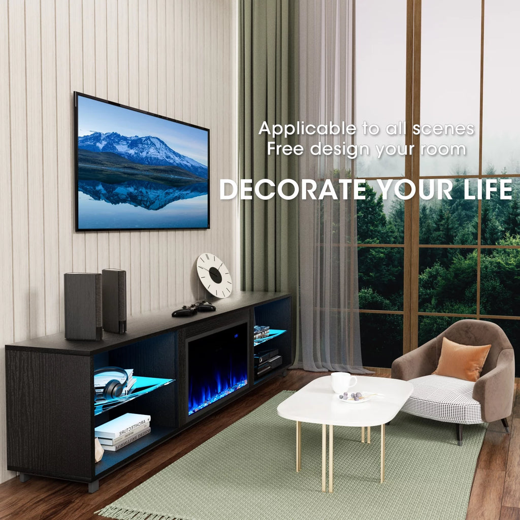 Oneinmil 68'' Fireplace TV Stand for 75'' TV, with 23" Electric Fireplace, LED Light Entertainment Center, White
