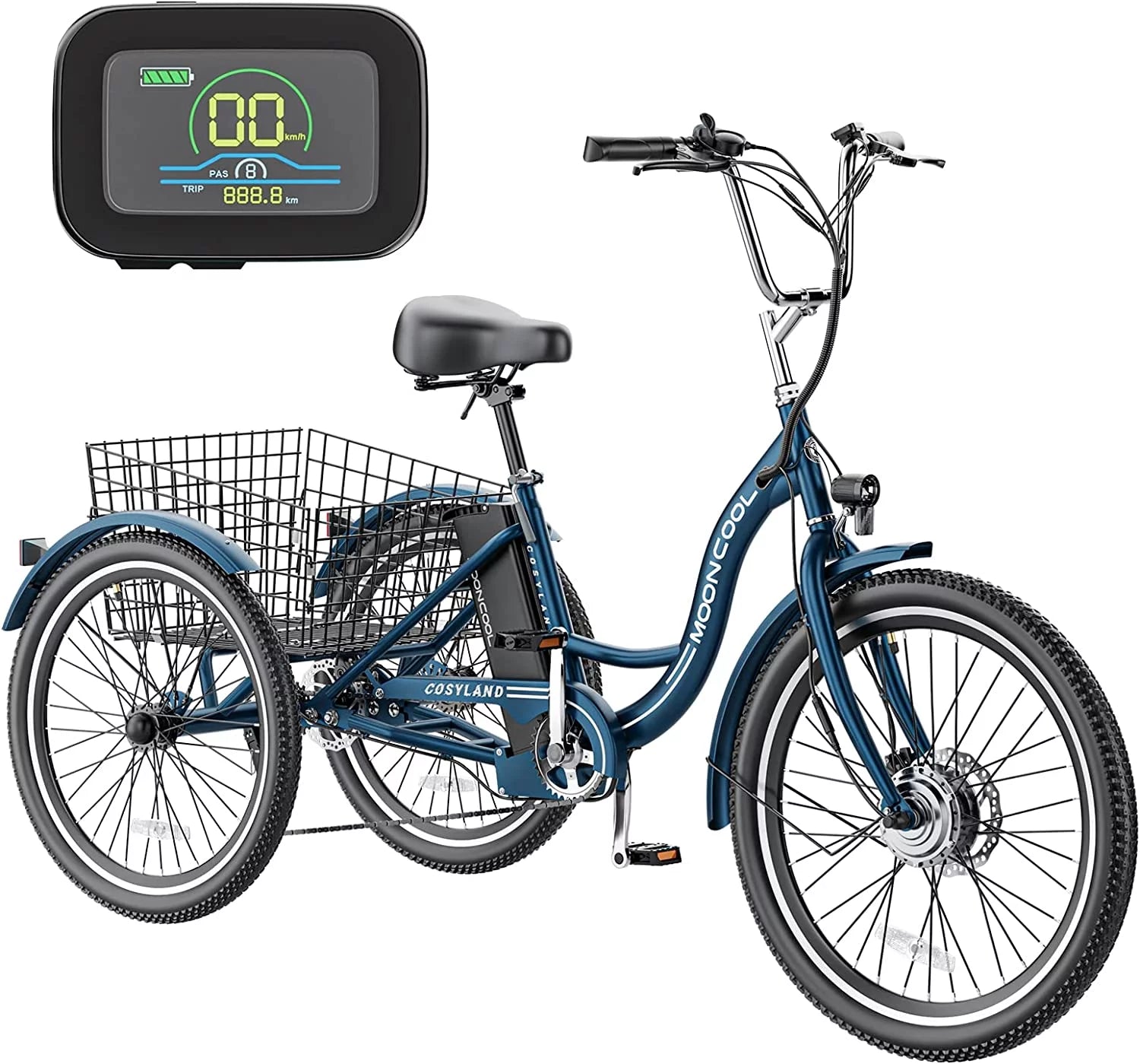 Mooncool 24" 26" 3 Wheel Electric Tricycle for Adults, 350W 36V 7 Speeds Motorized Electric Trike Three Wheel Electric Bikes Bicycle with Large Basket & Accessories for Women Men