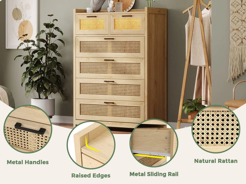 7 Drawer Dressers with LED Light, Natural Rattan Dresser for Bedroom, Hallway, Entryway