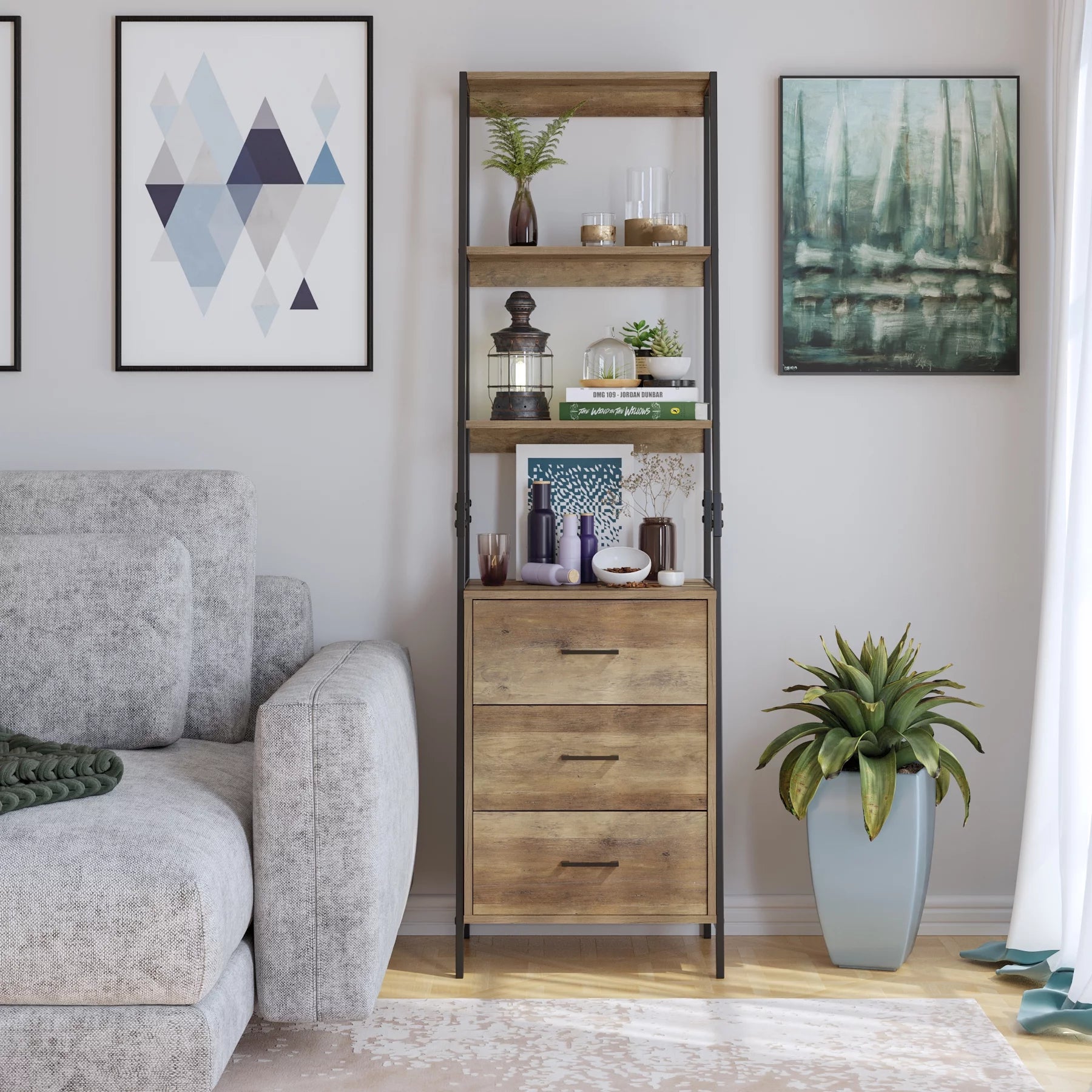 Homfa 3 Drawers Ladder Bookshelf, 3 Tier Open Storage Shelves for Office Living Room, Rustic Brown